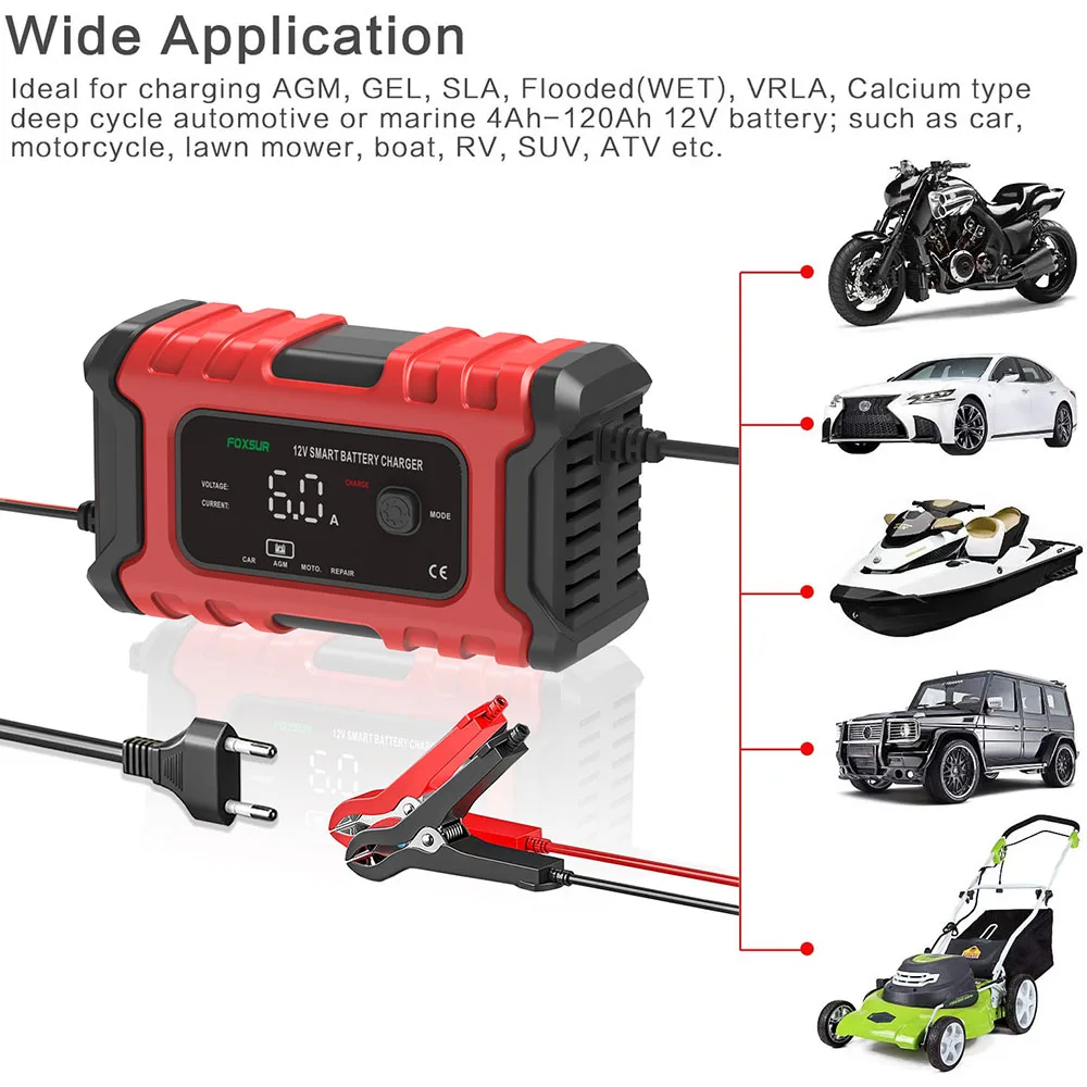 12V6A Motorcycle Car Battery Smart Charger Fully Automatic Multi-Mode Repairer for Calcium Gel AGM Wet lead Acid Batteries