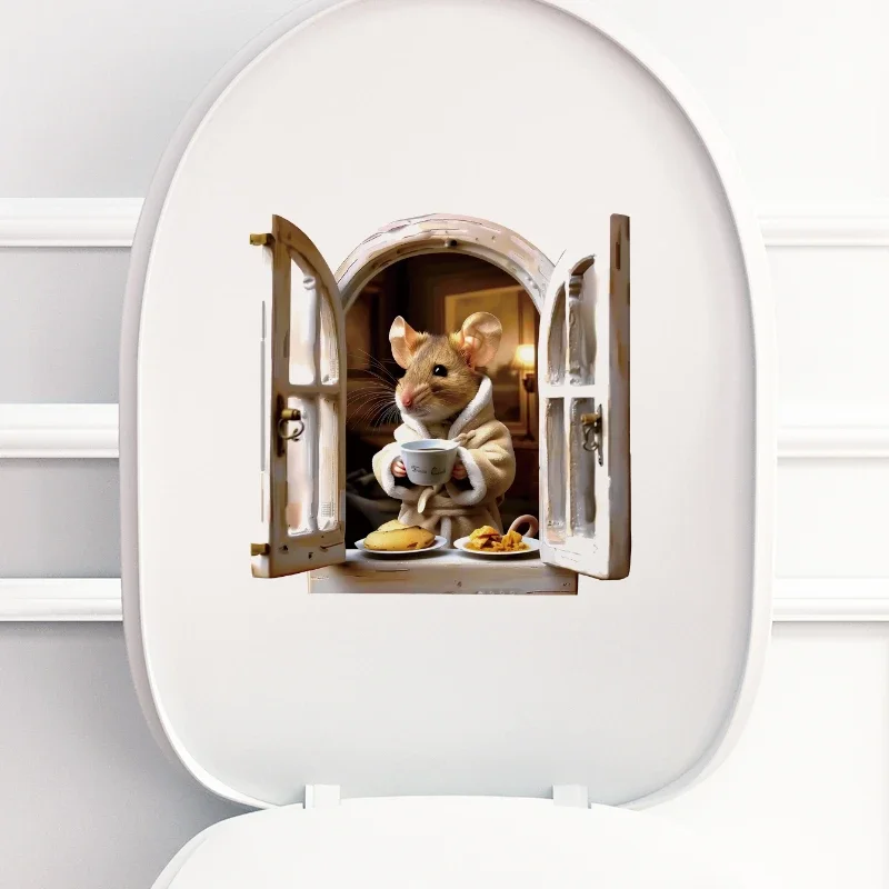 Cartoon 3D Stickers Drinking Coffee Mouse Sticker Kawaii Toilet Stickers Waterproof Bathroom Decor Vinyl Decals Home Decoration