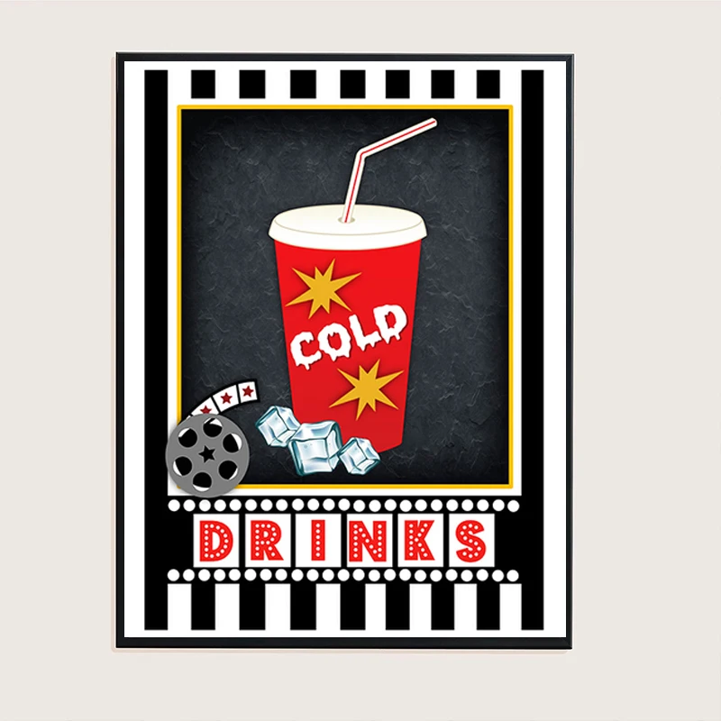 Movie Night Party Logo Poster Popcorn Cotton Candy Cold Drinks Film Sign Canvas Painting Pictures Cinema Theater Wall Home Decor