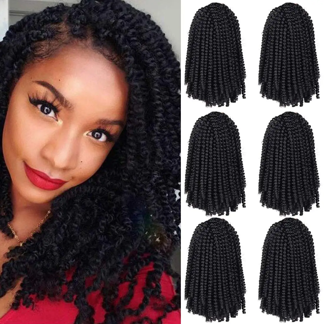 8-14Inch 1/4/6Pack Spring Twists Crochet Hair for Women Black Synthetic Braiding Hair Low Temperature Twist Hair Extensions