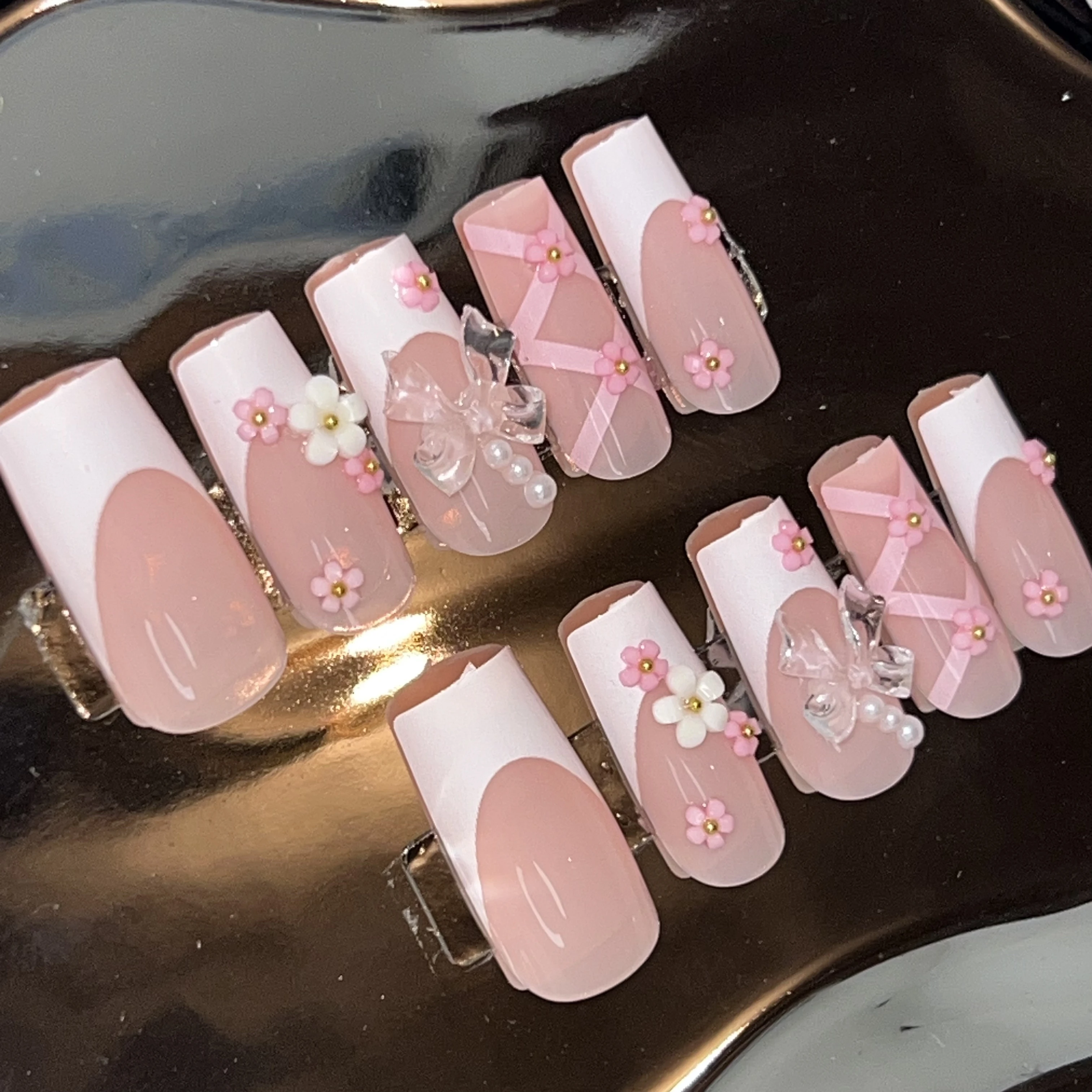 24 Pcs Long 3D Pink Nails Press On Nails Short False Nail Summer Nails A Sense Of Design Cute Bow Fake Nail Detachable Nail Tips