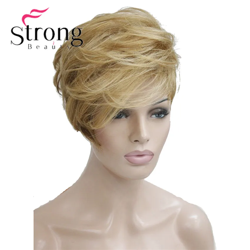 StrongBeauty Short Soft Asymmetrical Golden Blonde to Brown Ombre Wig heat freindy Full Synthetic wig COLOUR CHOICES