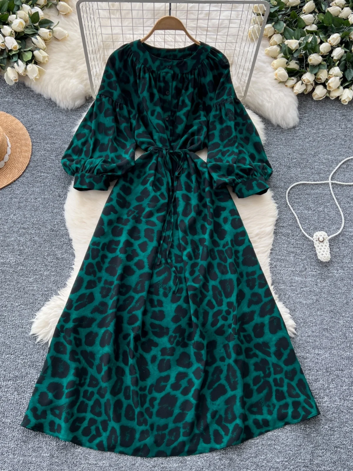 Retro-Druck Dr. Damen Herbst 2024, tailliert, rund, Ne Lantern Sve, schlankmachend, lang, Dr. Koreanische Sle, hohe Taille