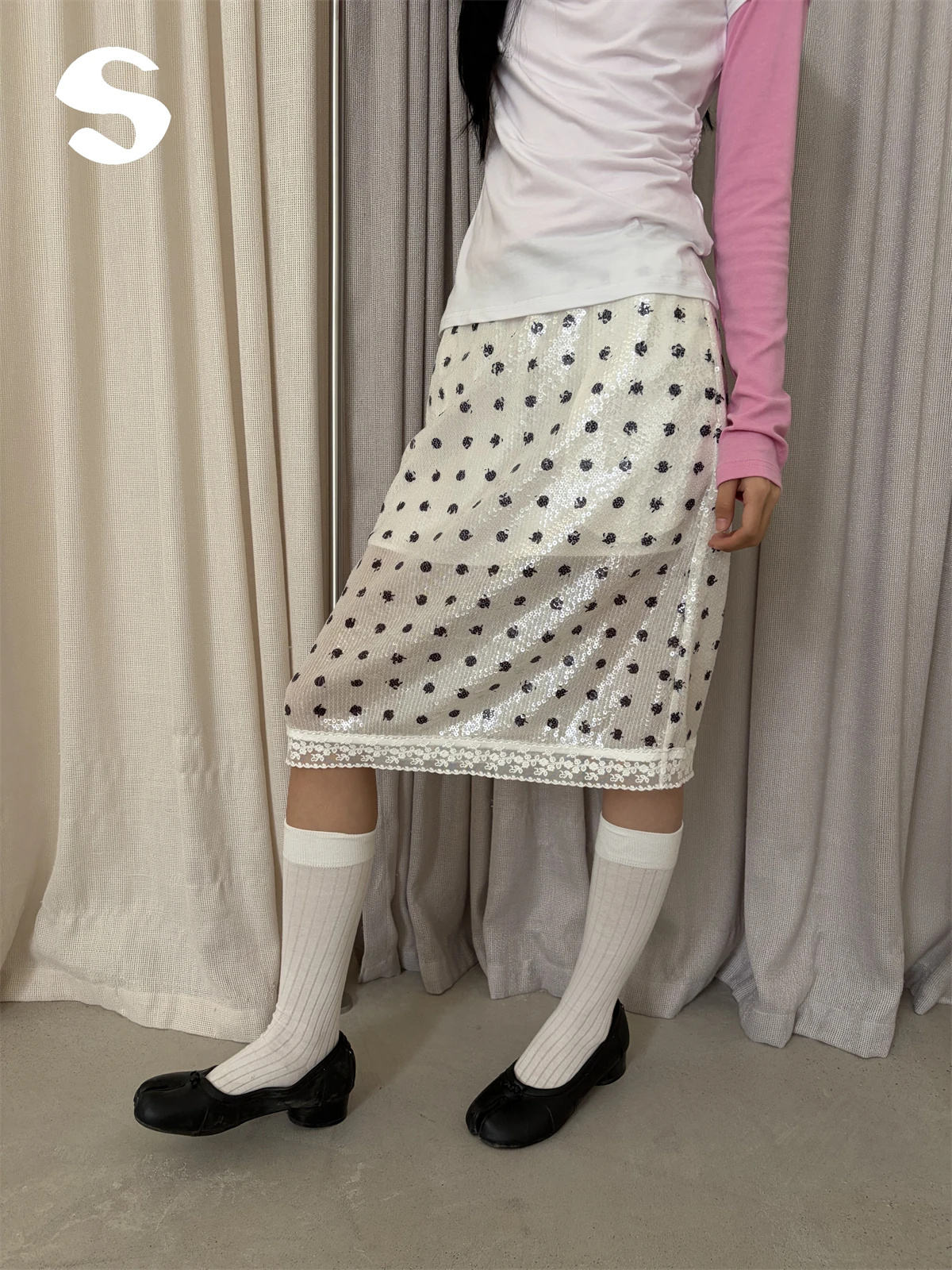 

Sleep at 11 Korean Style Polka Dot Sequin Mesh Midi Straight Skirt Summer Season mid Waist Non Elastic A-Line Skirt for Women
