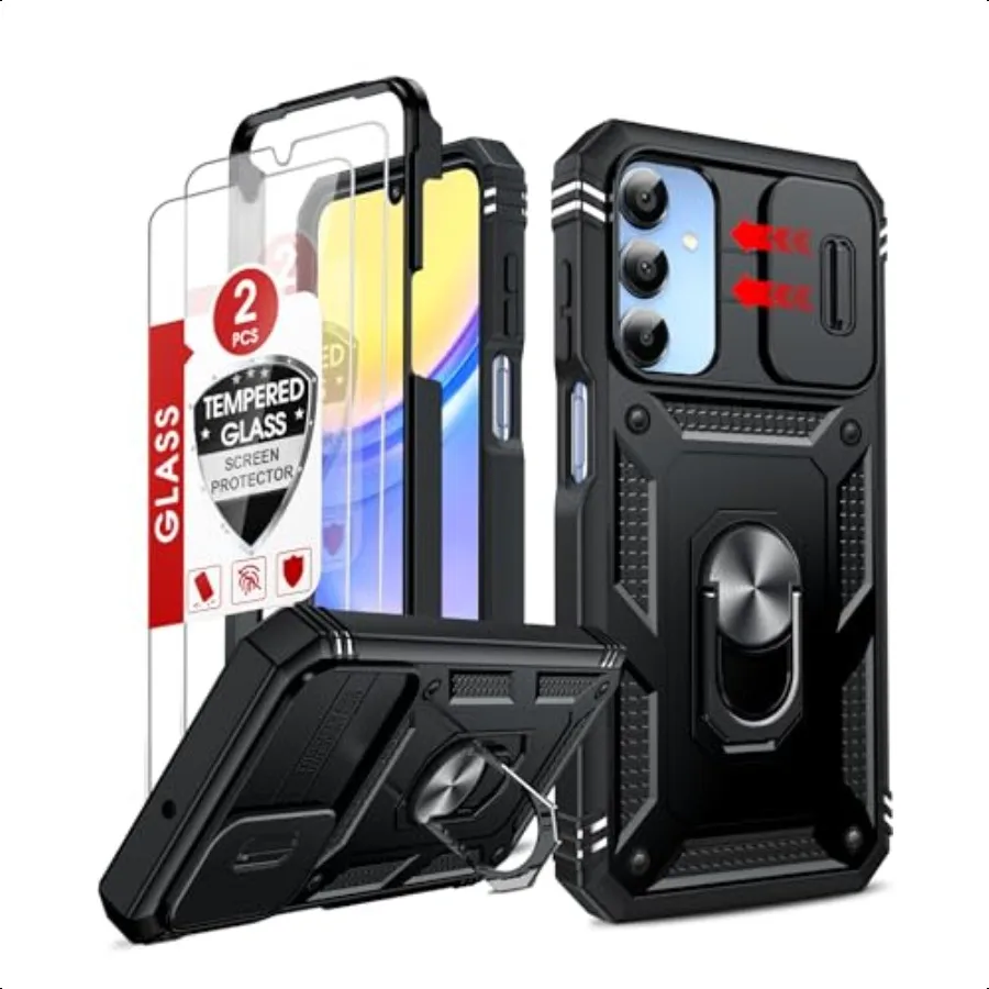 Funda para teléfono Samsung Galaxy A155G compatible con LeYi: Protector de pantalla Galaxy A15 5G resistente a los arañazos [2 paquetes] con funda A15 H