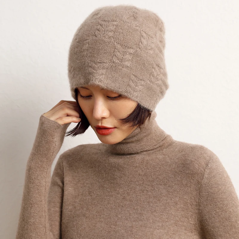 2024 New Autumn Winter Women Hats 100% Pure Cashmere Knitted Headgears Soft Warm Fashion Thick Cap 3 Colors High Quanlity