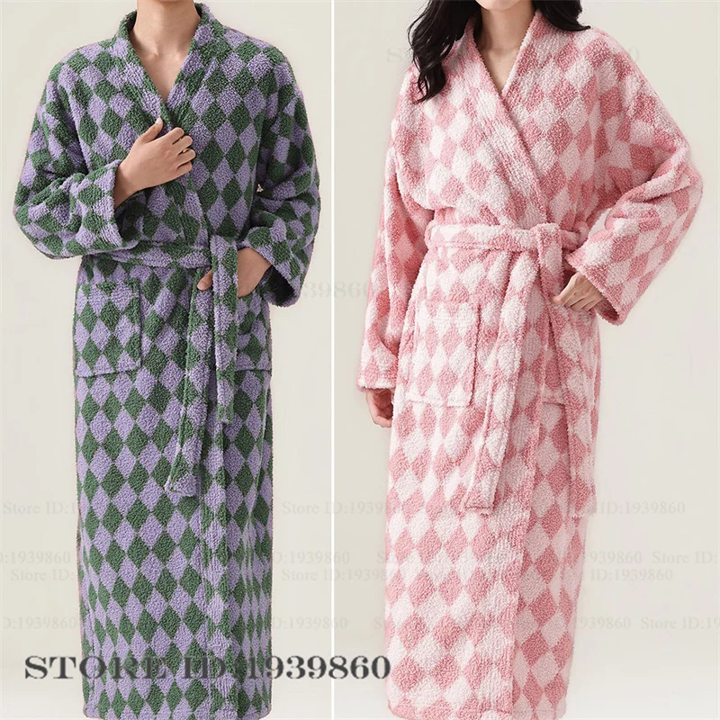 

Утепленный фланелевой длинный халат, одежда для сна для пар, одежда для дома, осень-зима, новое кимоно, халат, свободное клетчатое домашнее платье из кораллового флиса