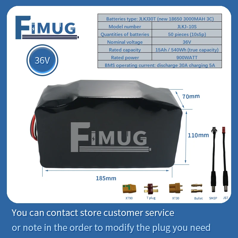 FIMUG 10S5P 15AH 36V li-ion Battery pack 3000MAH NEW 18650 750Watt motor 30A BMS electric scooter skateboard bicycle ebike car