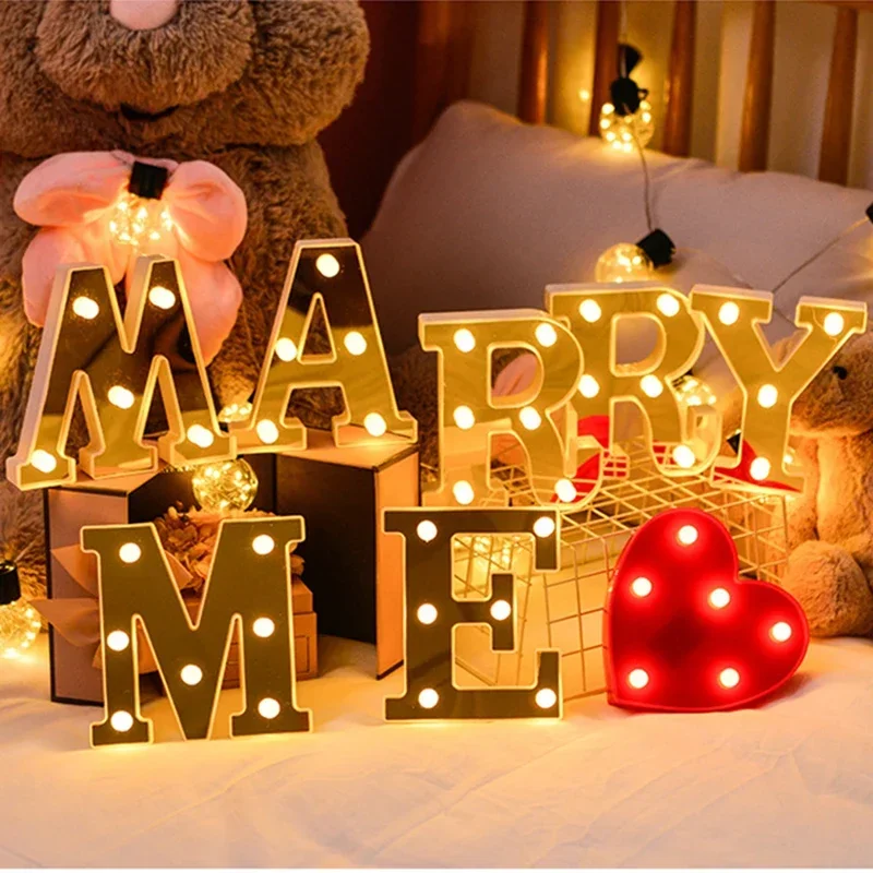 16CM Gold Luminous Letters 26 English Letters with Lights Creative Alphabet Number Battery Lamp Romantic Wedding Party Decor