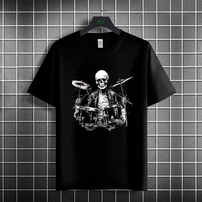 Rock Music Skeleton Drummer & Rock on Drum Kit Graphic T-shirt 100%Cotton Short Sleeve Round Neck Humor Style Casual Tshirt