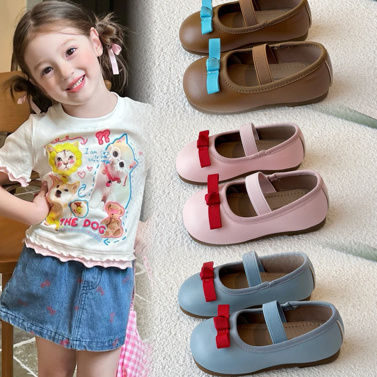 

Girls Princess Shoes Pu Leather Slip-on Kids Dance Performance Shoes Simple Bows 2025 New Girls Flat Shoes Round Toes Soft Sole