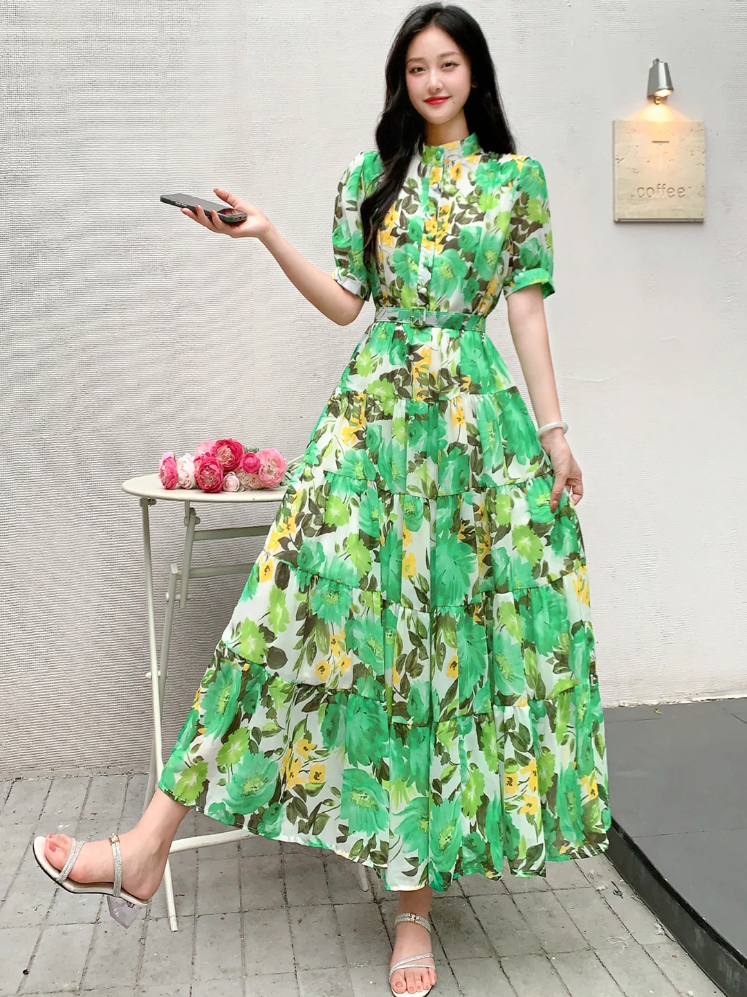 2024 New Summer Women Half High Collar Short Sleeve Belt Slim Long Dress Sweet Patchwork Big Hem Chiffon Floral Dress