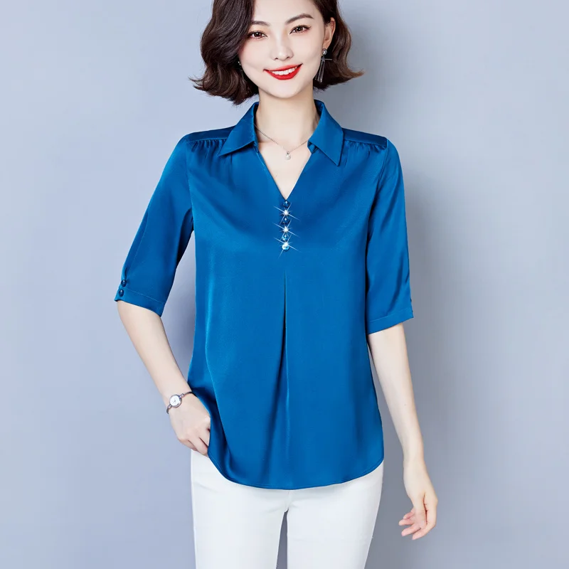 #2522 Summer Satin Blouse Women Half Sleeve Womens Tops And Blouses Regular Fit Office Blouse Female Solid Color V-neck Buttons