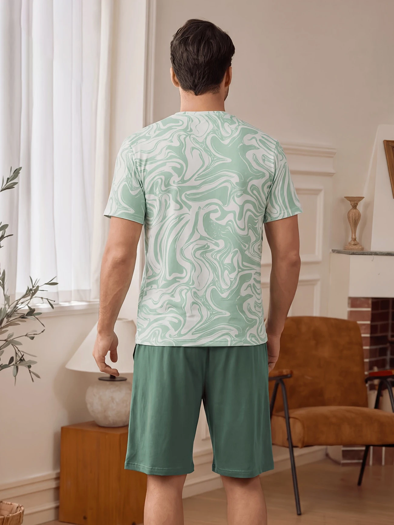 Pyjama-Set mit Buchstaben-Bär-Aufdruck, kurzärmliges Oberteil und lockere Shorts, atmungsaktiver Stoff, große Passform, Herren-Loungewear, Nachtwäsche, Pjs – Detail 18