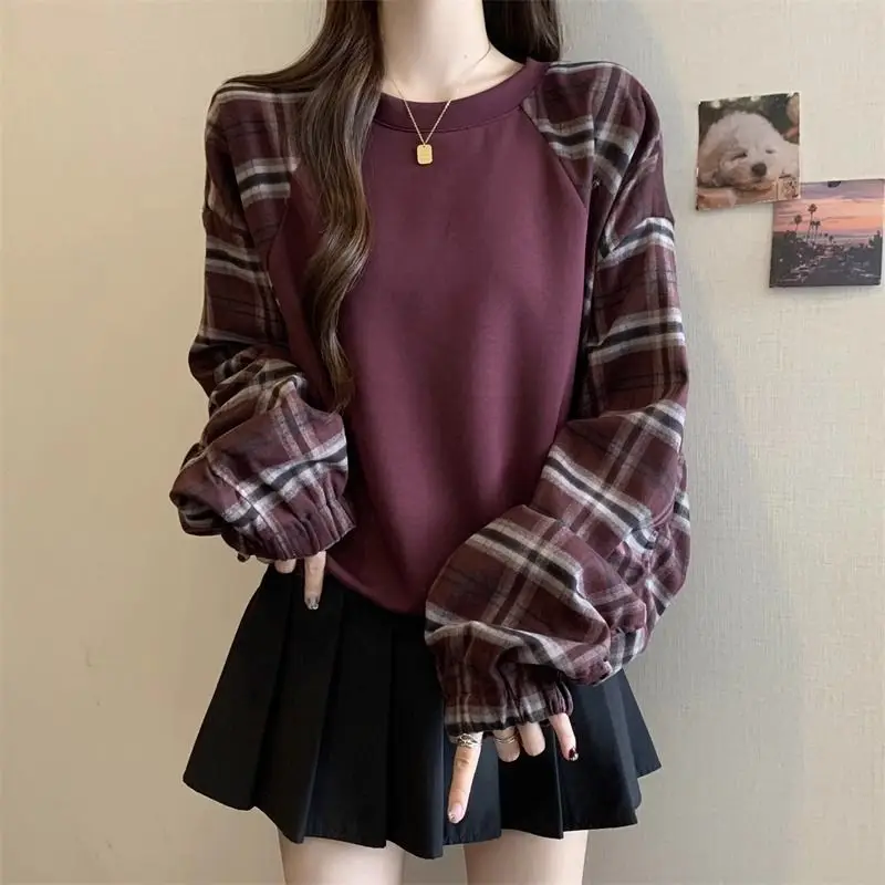 Red Raglan Sleeve Grid Women Sweatshirts Autumn Clothing Pullovers 2024 New Style Vintage Elegant Shirring All-match Chic Tops