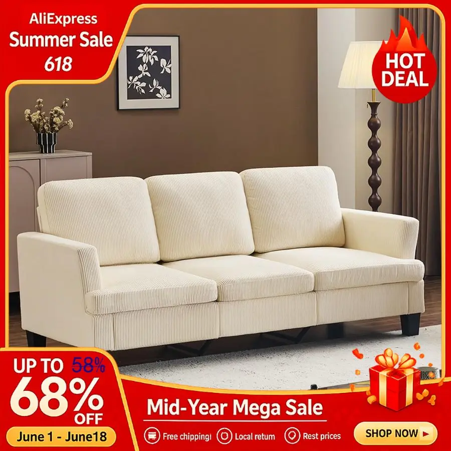 

Beige 83 Sofa Couches for Living Room, Corduroy Modern Comfy 3 Seater Couch 25.6 Deep Seat Upholstery Cozy Sofas