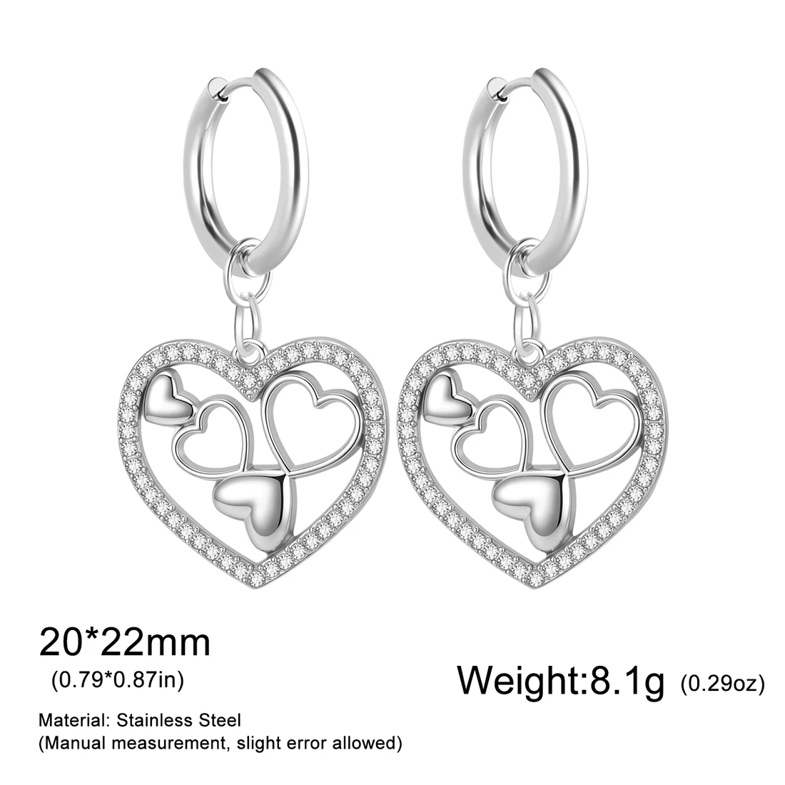 Eueavan Strass-Mehrfachherz-Ohrhänger aus Edelstahl mit 5 Hohlen Herzen für Frauen, Romantischer Schmuck als Geschenk – Detail 21