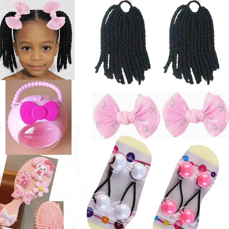 

10pcs Set Kids Bouncy Curl Spring Twist Pigtail Extensions with Bow Clips, Beaded Ties, Massage Comb & Storage Box Suit