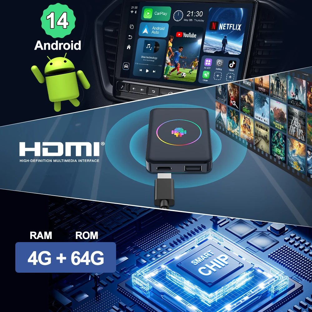 2026 Android 14 Wireless CarPlay Ai Box Kowankit 4+64G Android Auto 5 in 1 Smart HDMI Plug & Play Car Tv Box For YouTube Netflix