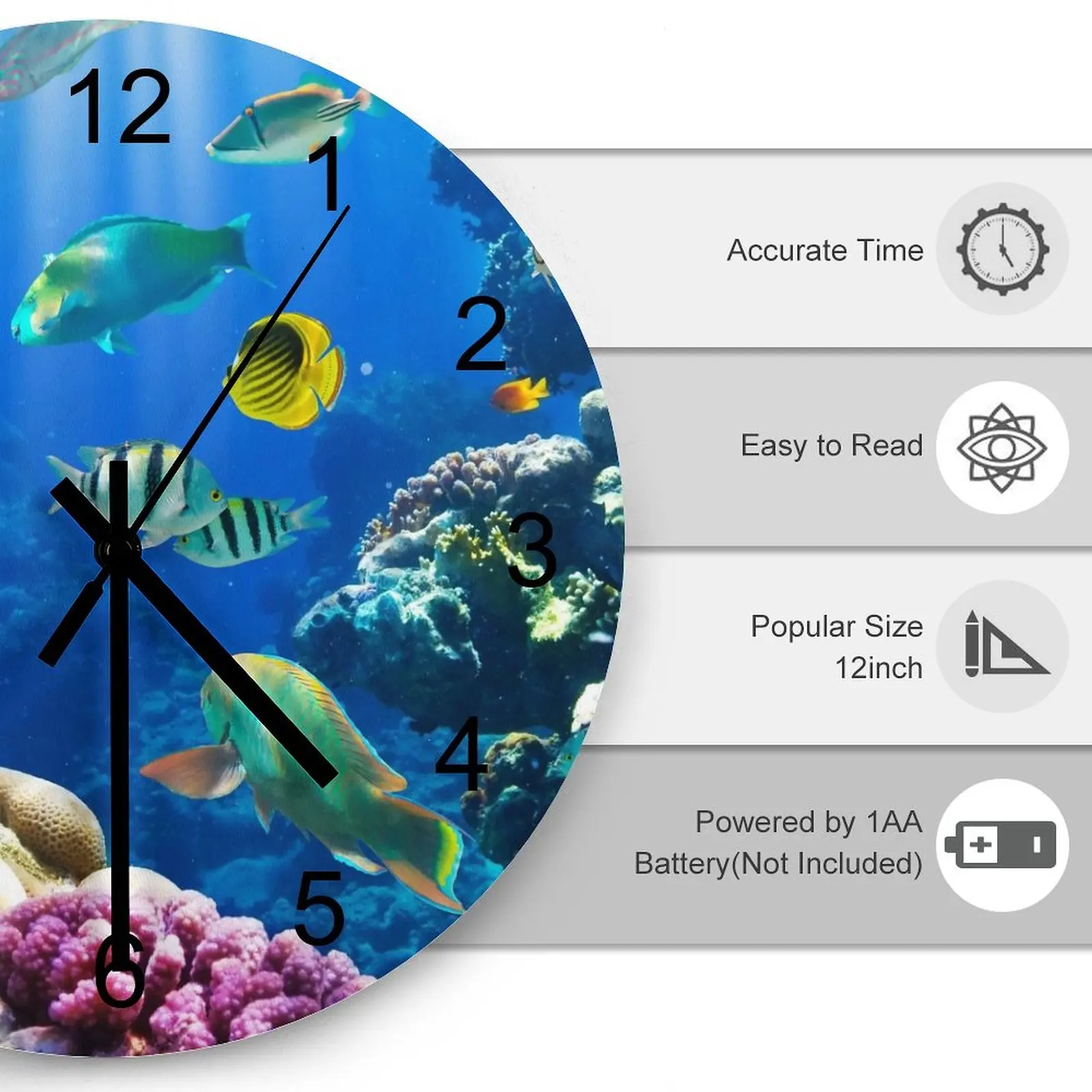 Study Wall Clock Underwater world Orderly fish Clocks 12 inch Mute Wood Round Patterned DIY Theme Fantasy