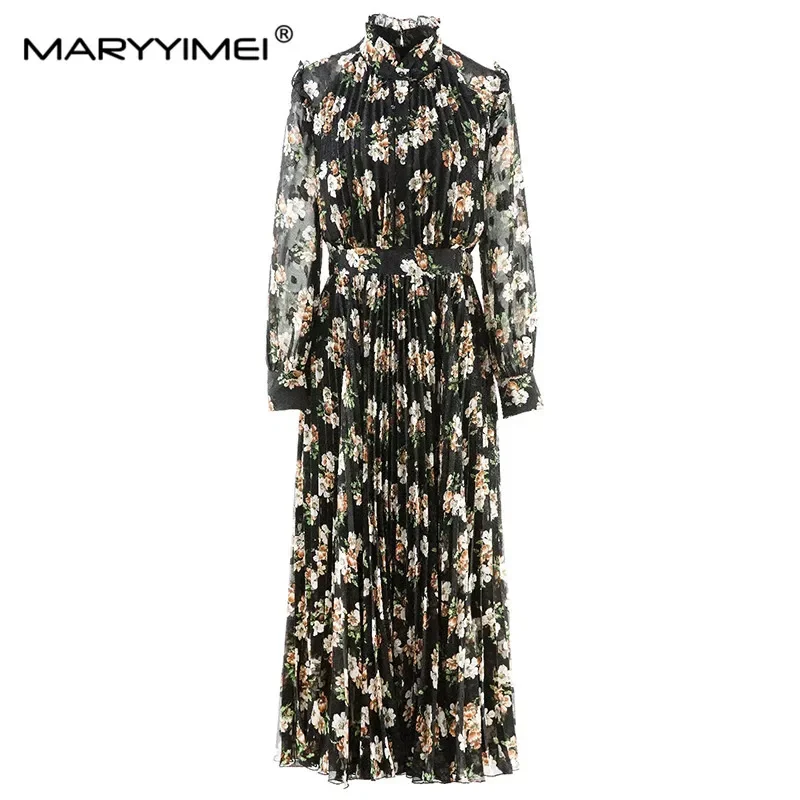 

MARYYIMEI New Fashion Autumn Elegant dress Long Sleeved Button Print Holiday Slim Jacquard Ruched black Dresses