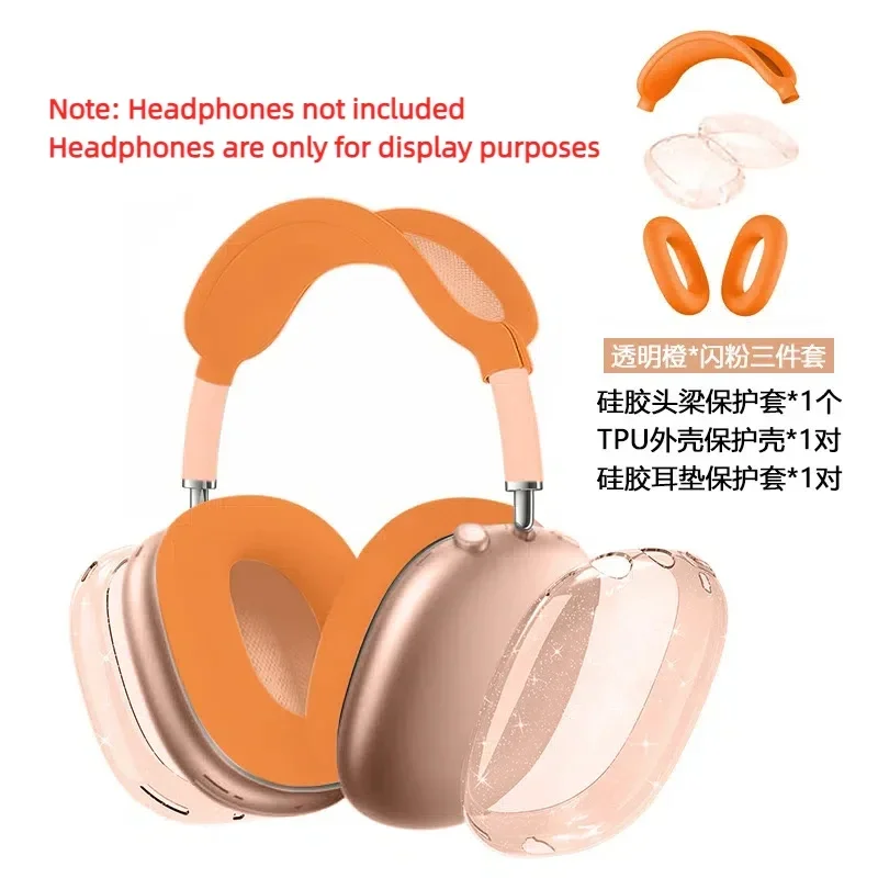 Papaya Orange Farbe 2024 für AirPods Max/2 Silikon-Schutzhülle, TPU, transparent, dreiteiliges Set, sturzsicher und staubdicht