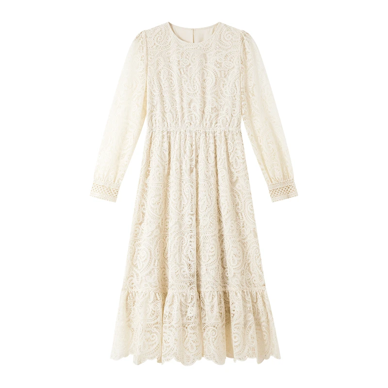 VIMLY فساتين الدانتيل المجوفة الأنيقة للنساء 2025 خريف جديد س الرقبة فستان فضفاض الصلبة شير ماكسي فستان ملابس السيدات غير رسمية A2789