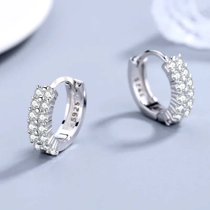 Fine 925 Sterling Silver Original Double Row Crystal Round Earrings Stud for Women Fashion Jewelry Engagement Party Gifts