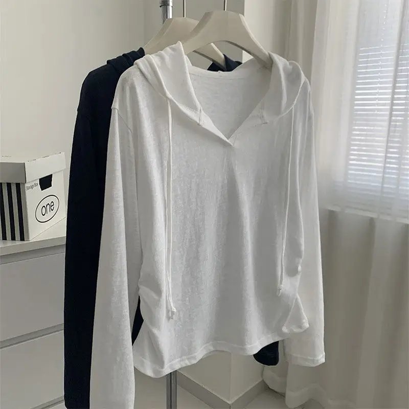 

Женская толстовка с капюшоном в корейском стиле, однотонная, с плиссировкой на талии, укороченная, с V-образным вырезом, с длинными рукавами, осенняя