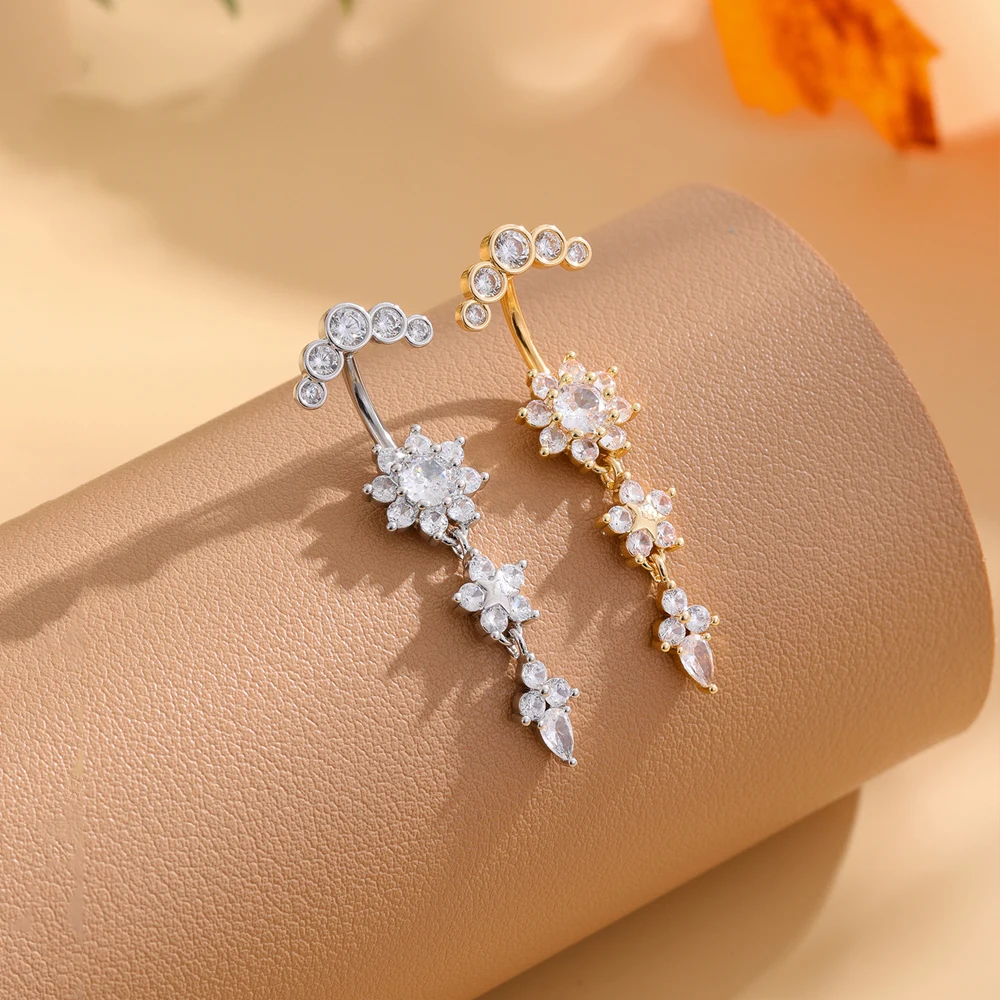 1pc Long Dangled Belly Button Ring Stainless Steel Flower Butterfly Crystal Curved Navel Belly Piercing Rings for Women Jewelry