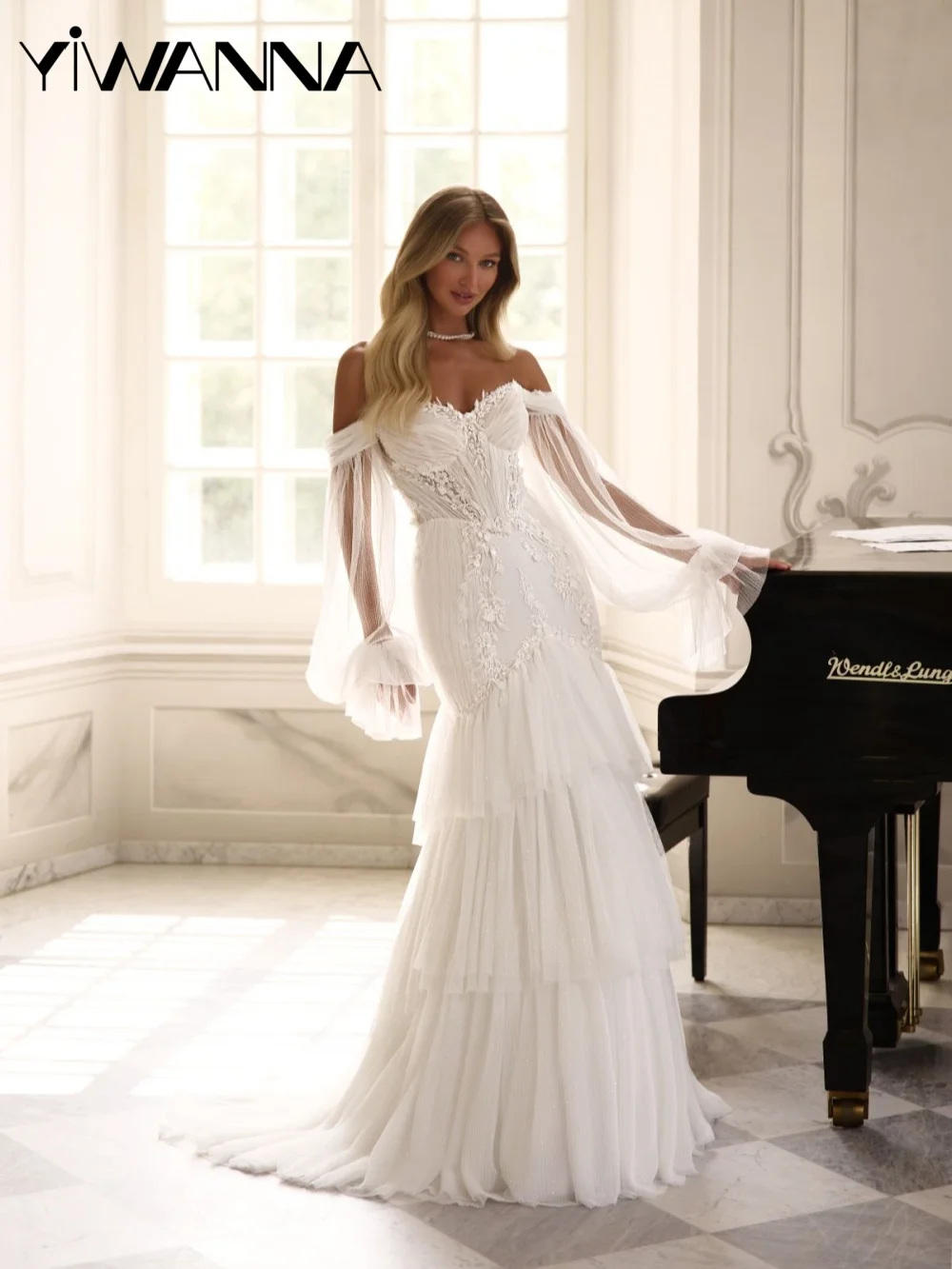 

Glitter Tiered Tulle Mermaid Wedding Dress Beaded Appliques Mermaid Bridal Gown 2026 Customized Off Shoulder Dresses For Bride