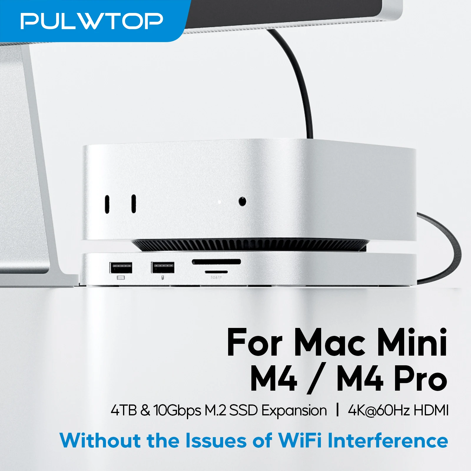 PULWTOP Mac Mini M4 Hub with 4TB SSD Enclosure, HDMI 4K 60Hz, USB A 2.0, SD/TF, Audio for Mac Mini M6, M5 Pro, M4/ M4 Pro