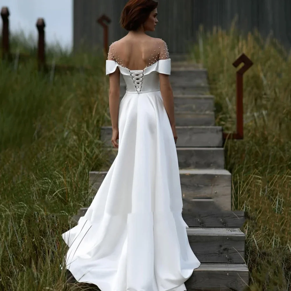 Flavinke Customized Elegant White O-neck A-line Satin Wedding Dresses Beading Off the Shoulder Draped Split Backless Bride Gown