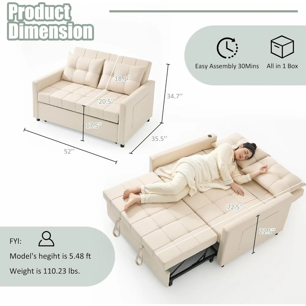 أريكة نوم 3 في 1 قابلة للتحويل مع سرير قابل للسحب، تتميز بمقعدين ومسند ظهر قابل للتعديل وجيوب جانبية للراحة #2