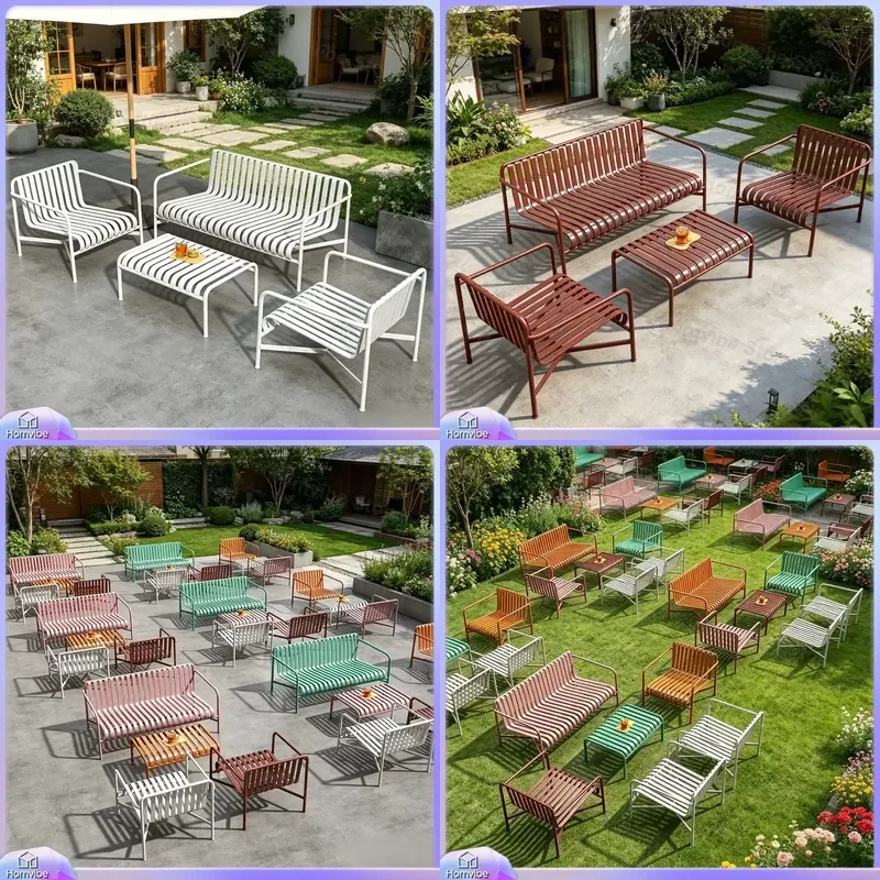 Nordic Wrought Iron Outdoor Table and Chair Set Garden Patio Furniture Courtyard Leisure Dining Backrest Bench for Cafe Milk