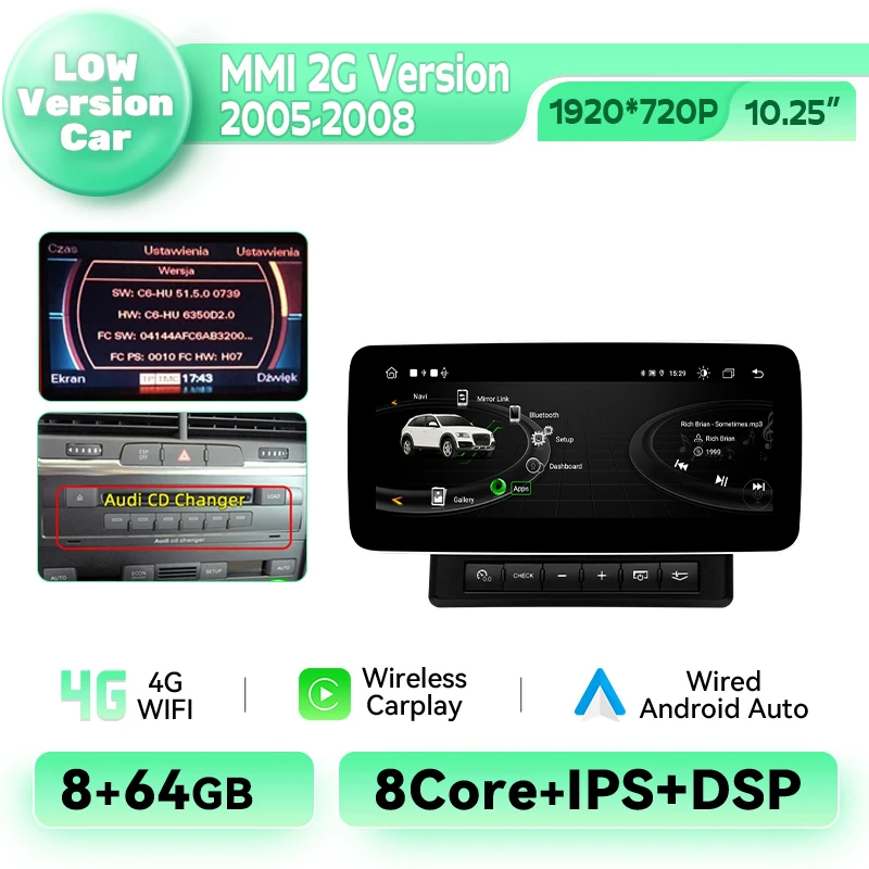 1920*720 IPS Android 14 Auto Multimedia Speler voor Audi Q7 2005-2015 Draadloze CarPlay Android Auto 8-Core 4G WiFi DSP Autoradio
