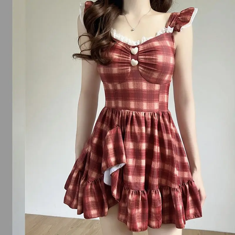 Mori Girl Red Plaid One Piece Swimsuit Vintage Swim Dress with Built-in Shorts Push Up Pad Beach Vacation Holiday Bathing Suit