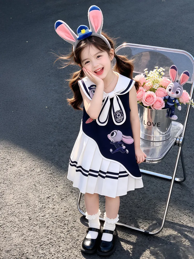 Vestido de Verão para Meninas Judas Policial, Novo Estilo Coreano, Saia Princesa Sem Mangas, Respirável e Amigável à Pele