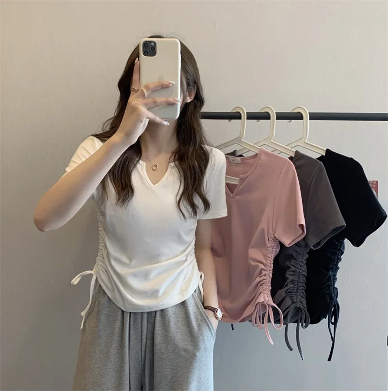 V-Neck Slim-Fit T-Shirt Women's Solid Color Top Fresh Style Summer 2023 New Arrival Imported Clothing Trendy Outside
