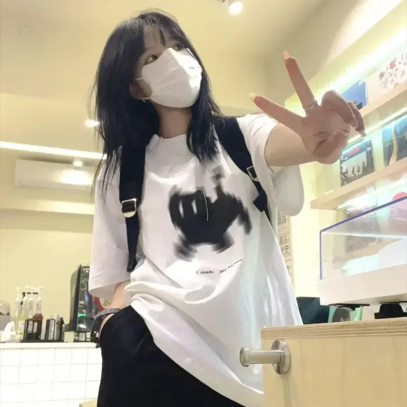 Sommer Y2k Ästhetik Katzen-Print Basic Kurzarm T-Shirts Streetwear Tops Damen Casual Harajuku Rundhals Tee Kleidung