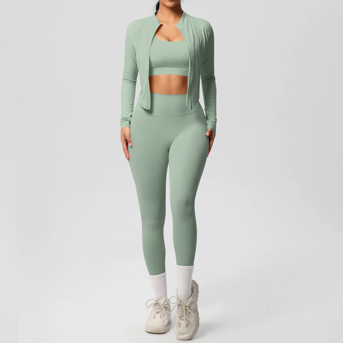 3 stücke Sportswear Yoga Set Gym Sport Bh Zipper Jacke Leggings Kleidung Sportswear Yoga Anzüge Für Frauen Fitness Set Trainingsanzug – Detail 16