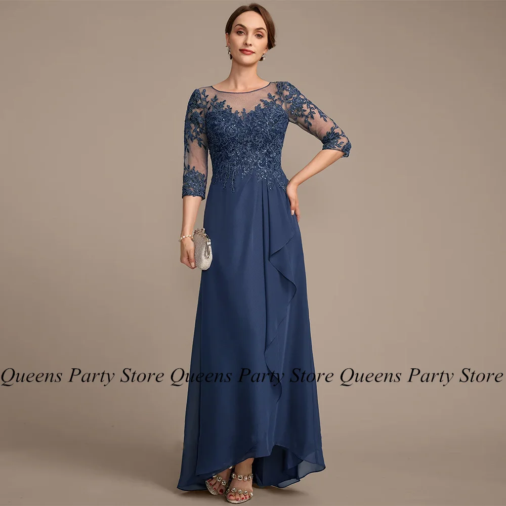 

Ink Blue Chiffon Mother of The Bride Dress 3/4 Sleeves Scoop Neck Sequined Applique Ruffles Wedding Guest Gown Woman Party Dress