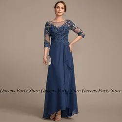 Ink Blue Chiffon Mother of The Bride Dress 3/4 Sleeves Scoop Neck Sequined Applique Ruffles Wedding Guest Gown Woman Party Dress