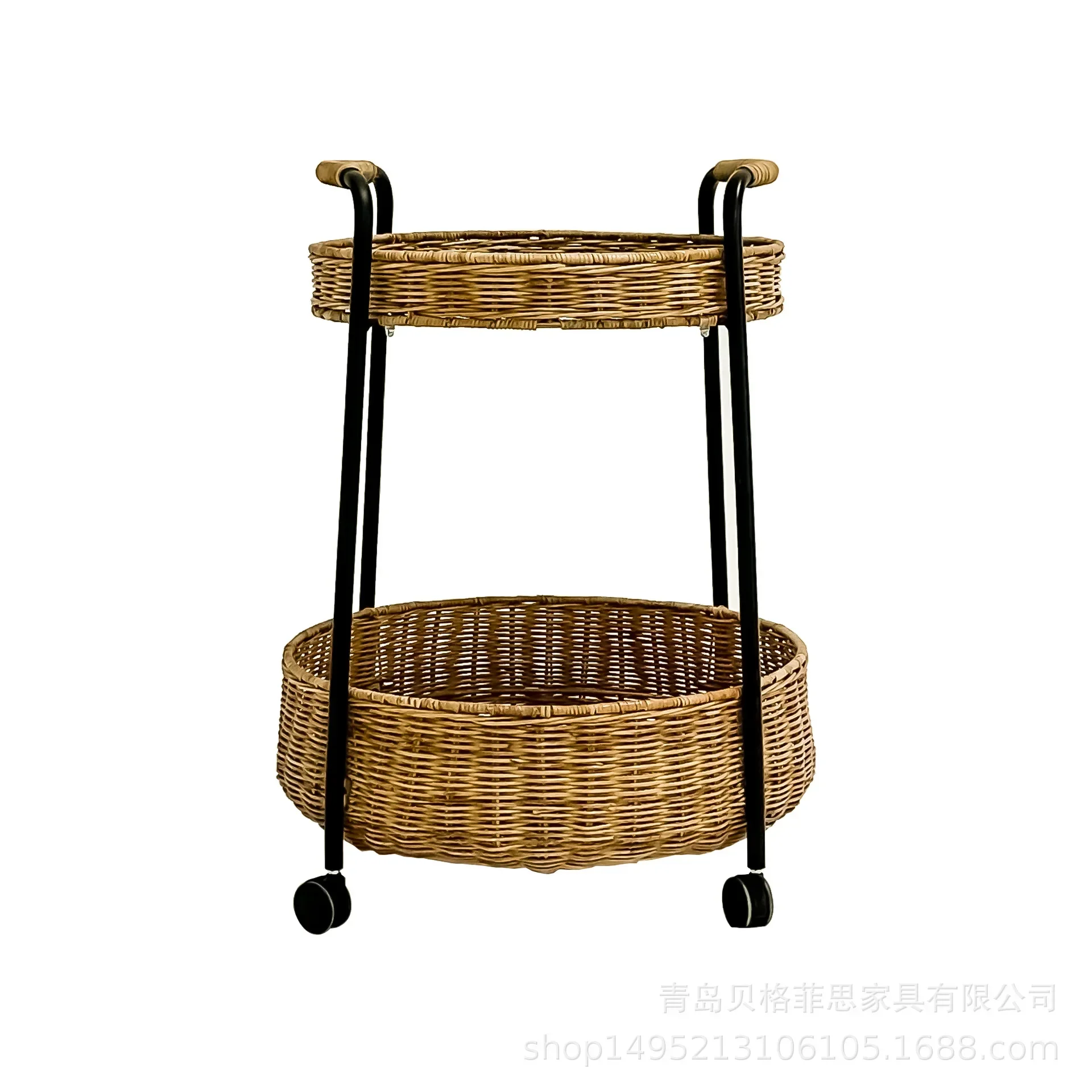 Double Layer Rattan Weaving Coffee Table Living Room Sofa Side Table Metal Black Room Desks Universal Pulley Storage Cart