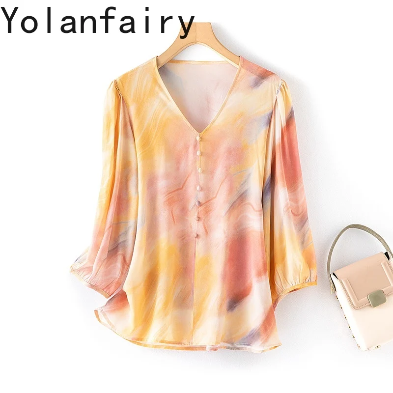 

YOLANFAIRY 100% Mulberry Silk Blouse Woman Elegant 2025 Rainbow-colored Printed Lady Tops and Blouses V-neck Fashion Silk Blouse