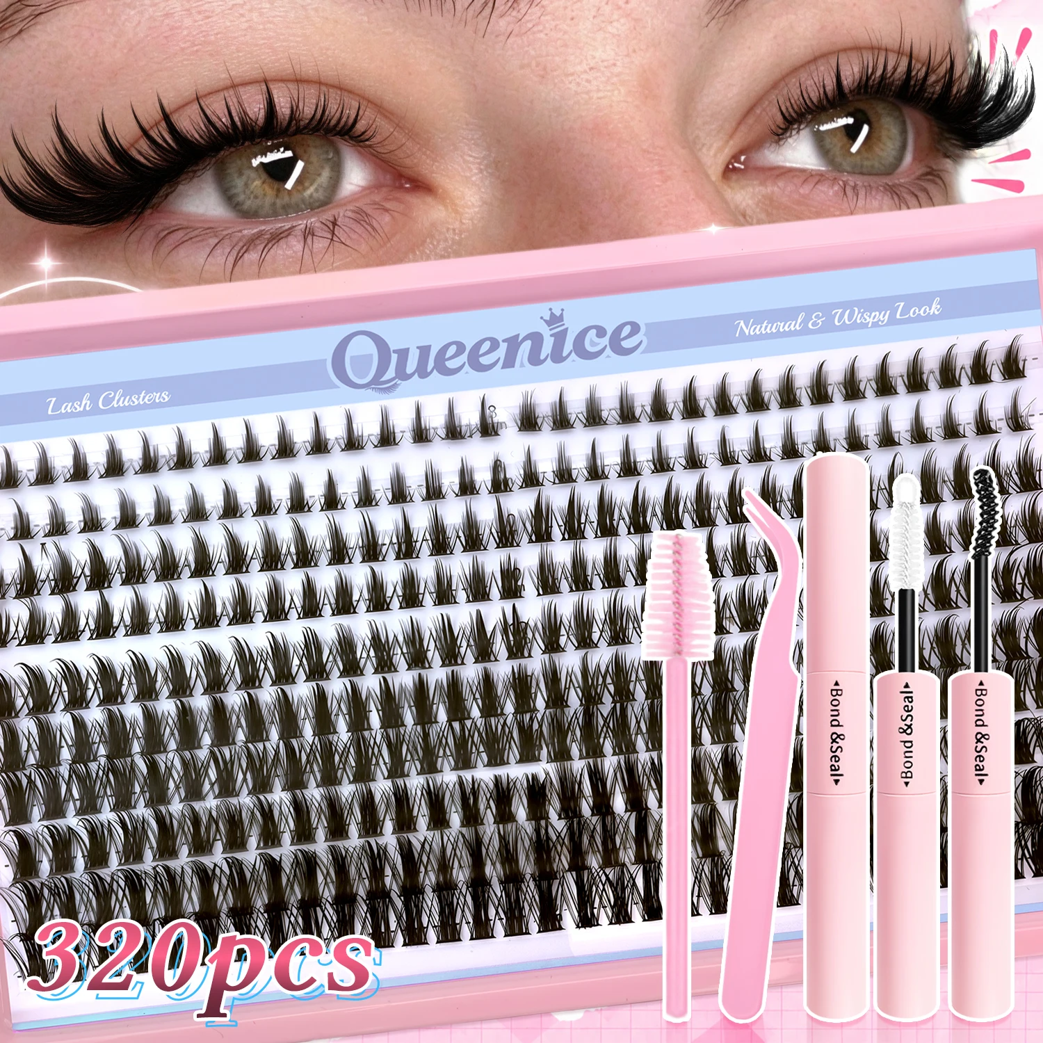 Manga Wispy Lash Clusters Kit D Curl 8-16mm Mixed Length DIY Individual Eyelash Extensions with Bond & Seal Tweezers Reusable
