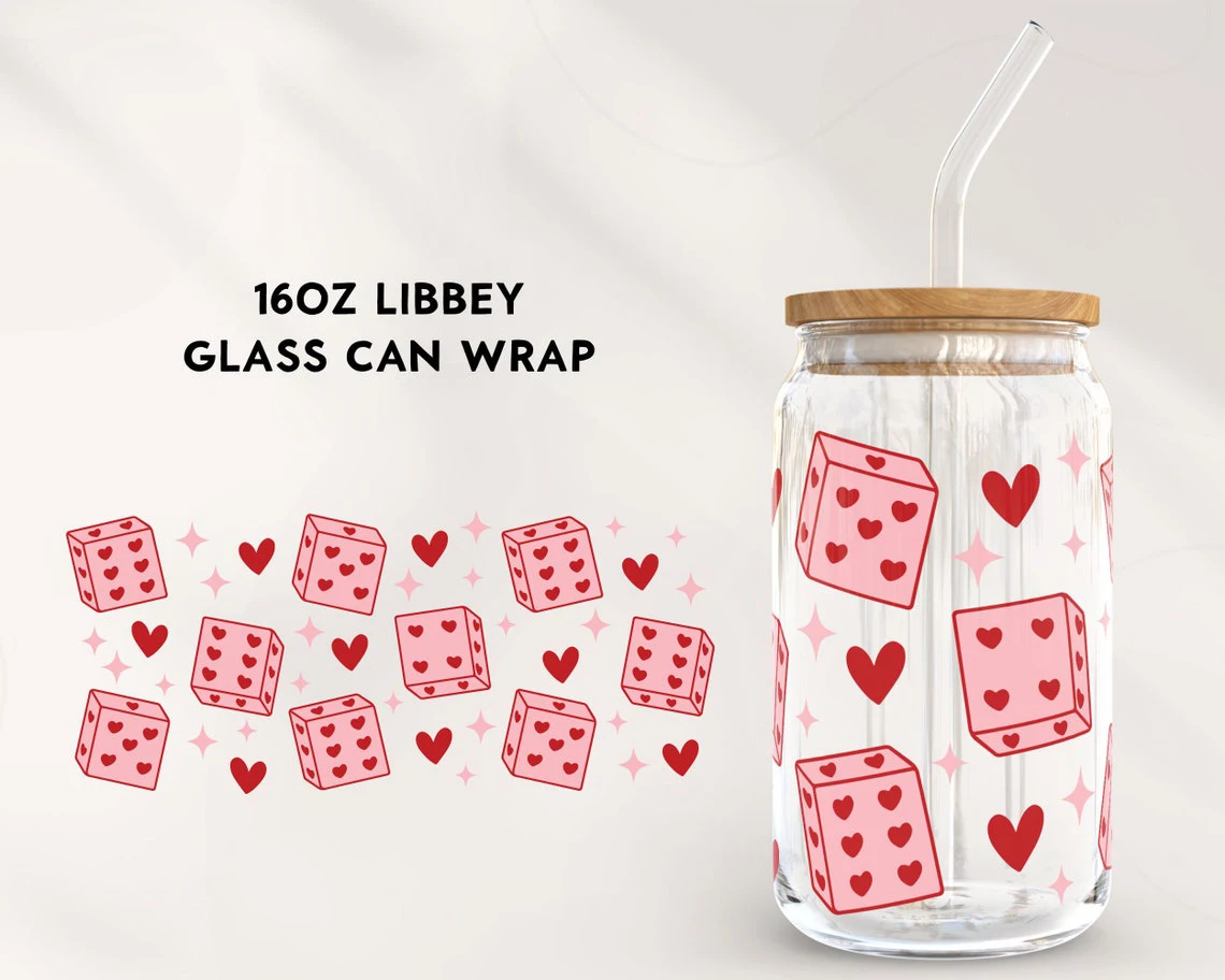 Love Dices UV DTF Coffee Can Wrap, Valentine para Libbey, Envoltório de vidro 16oz