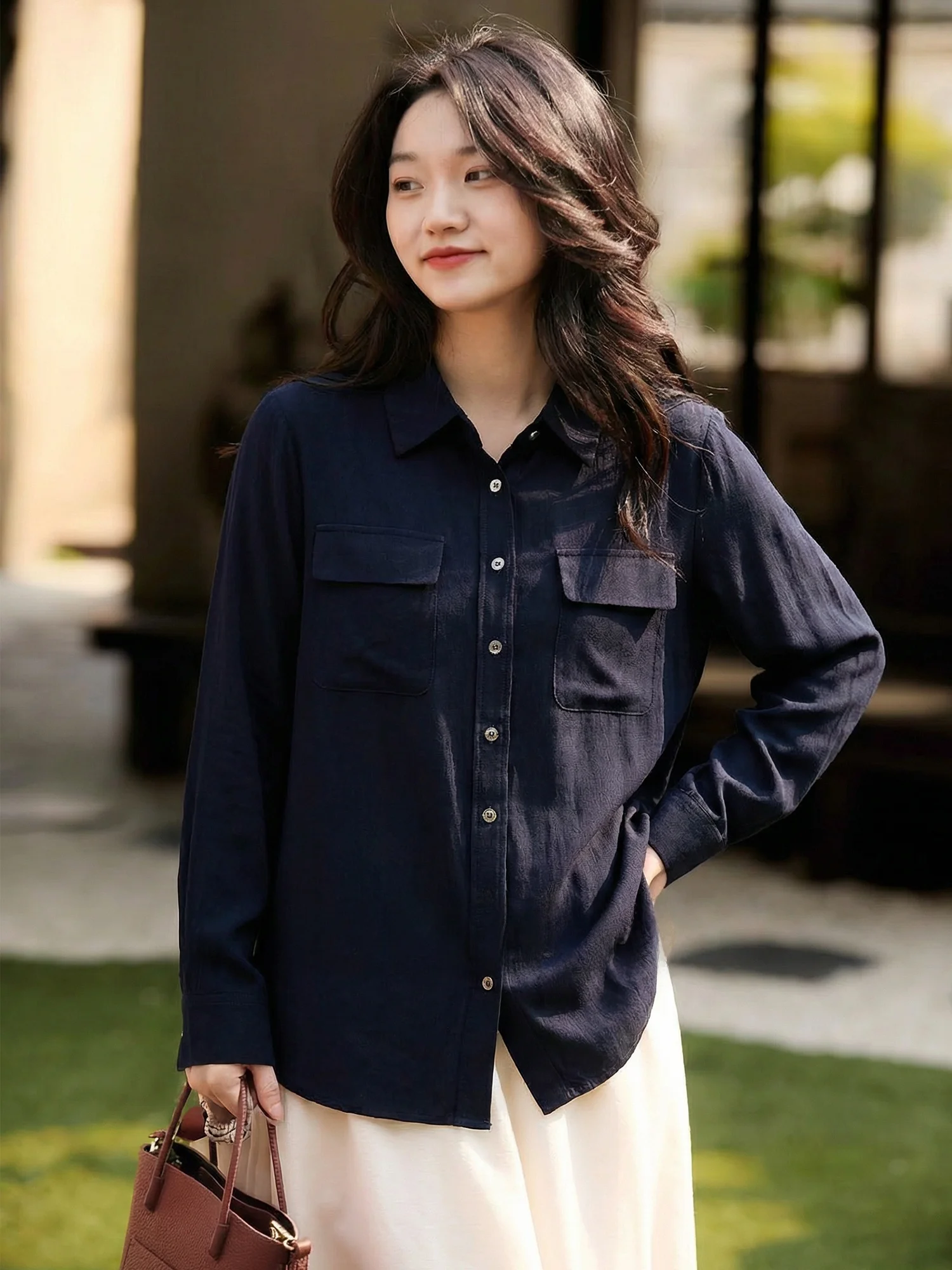 

Chivirin Silk Long Sve irt Women's Loose Fit Slimming Commute Sle Double ket Turn-down Collar Workwear Casual irt