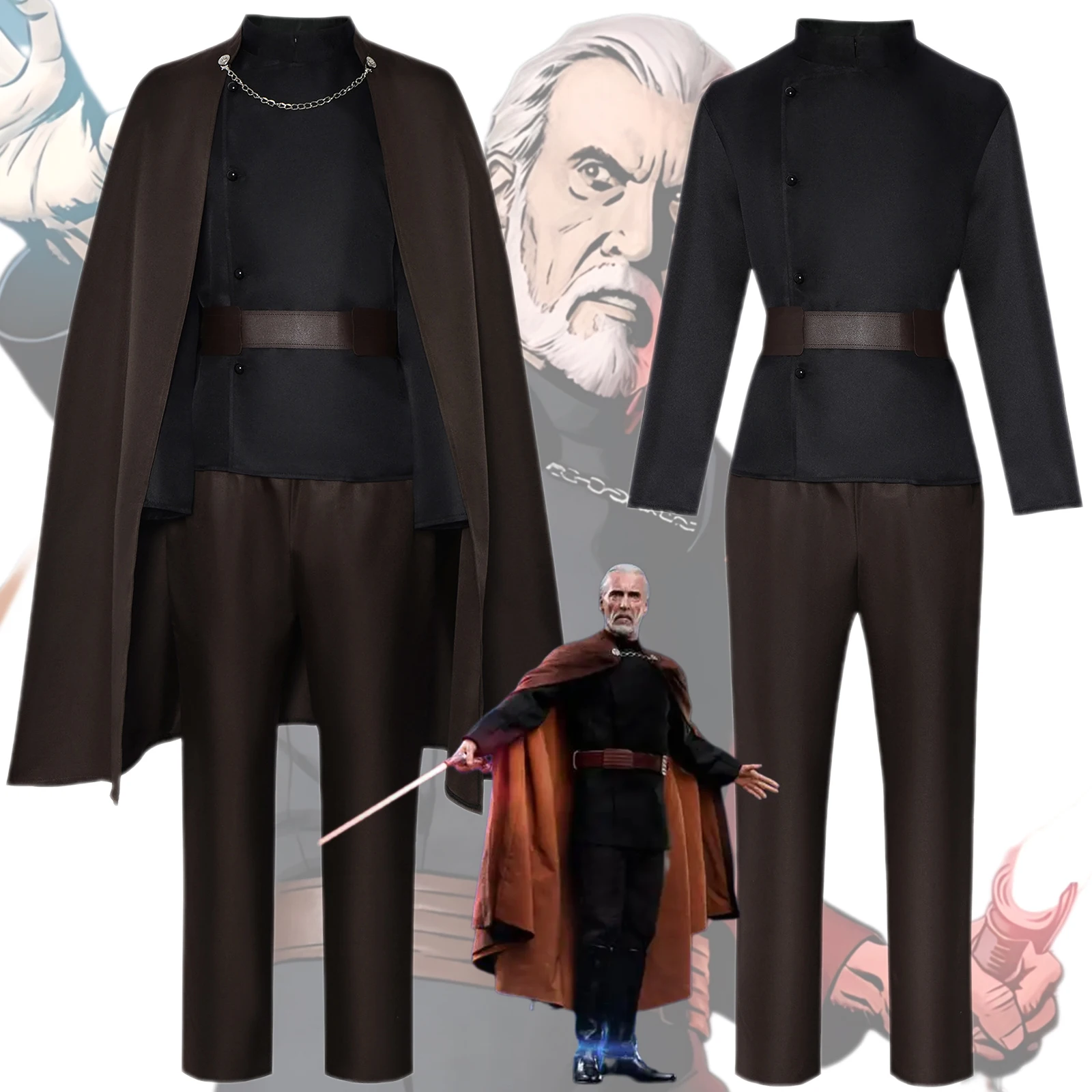 

Count Dooku Cosplay Costume Brown Battle Suit Cloak Top Pants Full Set Outfits Jedi Men Halloween Carnival Count Dooku Cosplay