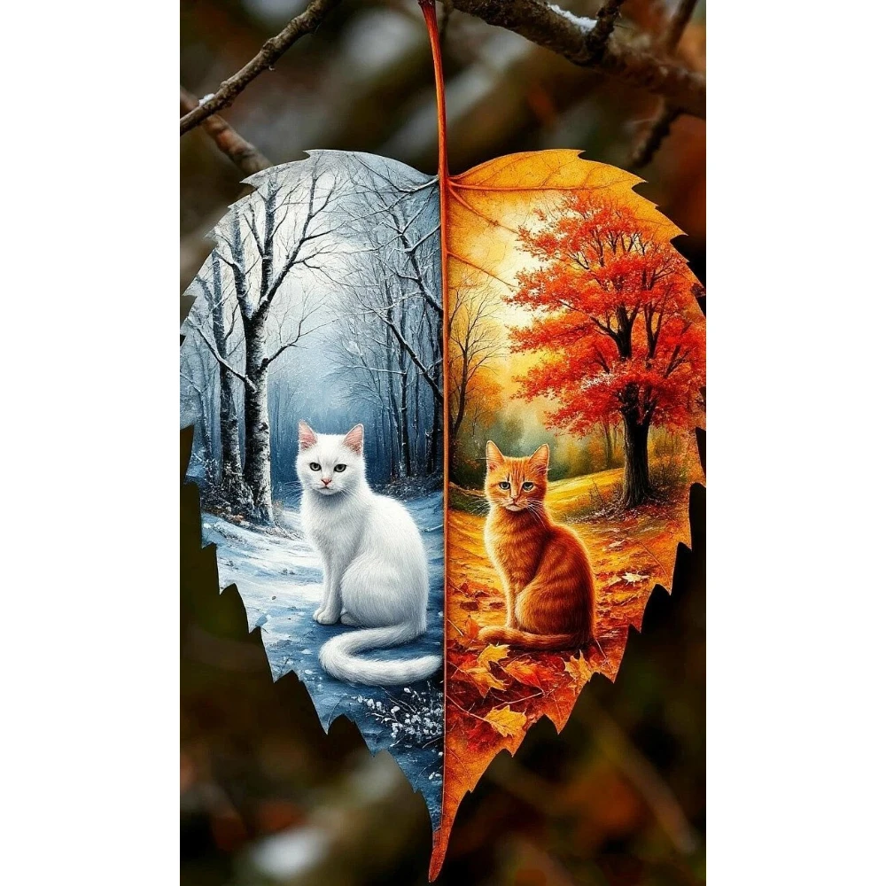 

500/1000/1200/2000 PCS Jigsaw Puzzles Two Season of a Leaf Cat Scenery Family Activity Games for Bedroom Gameroom Home Decor